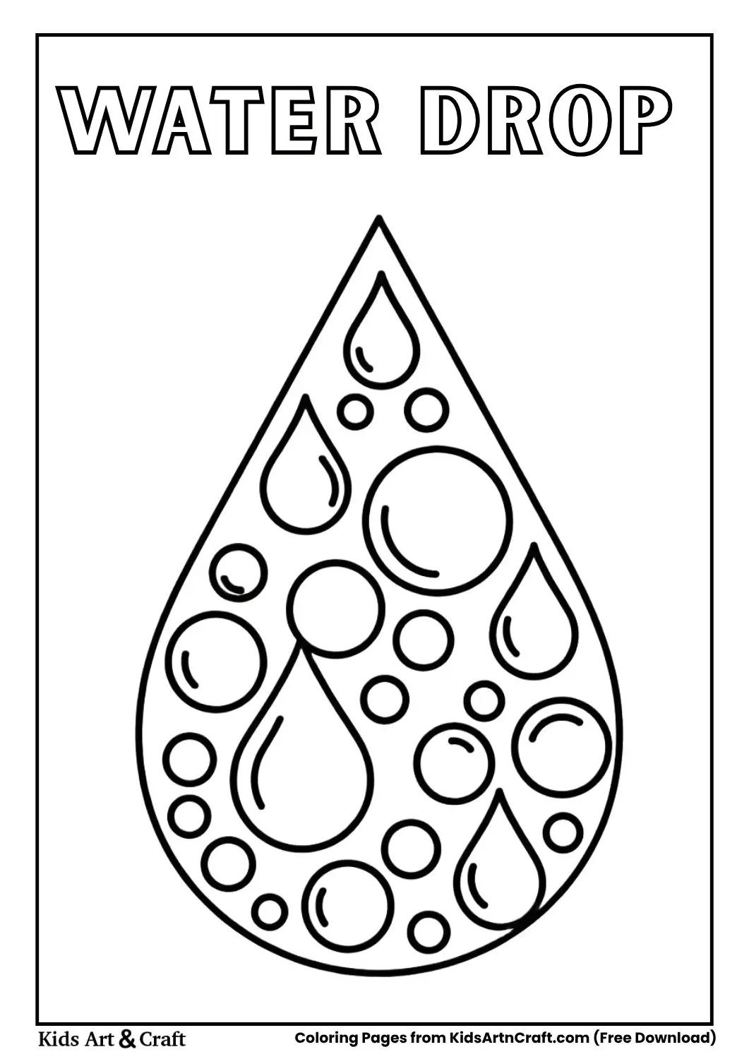 Large water drop made of many small drops, thin outline coloring page.