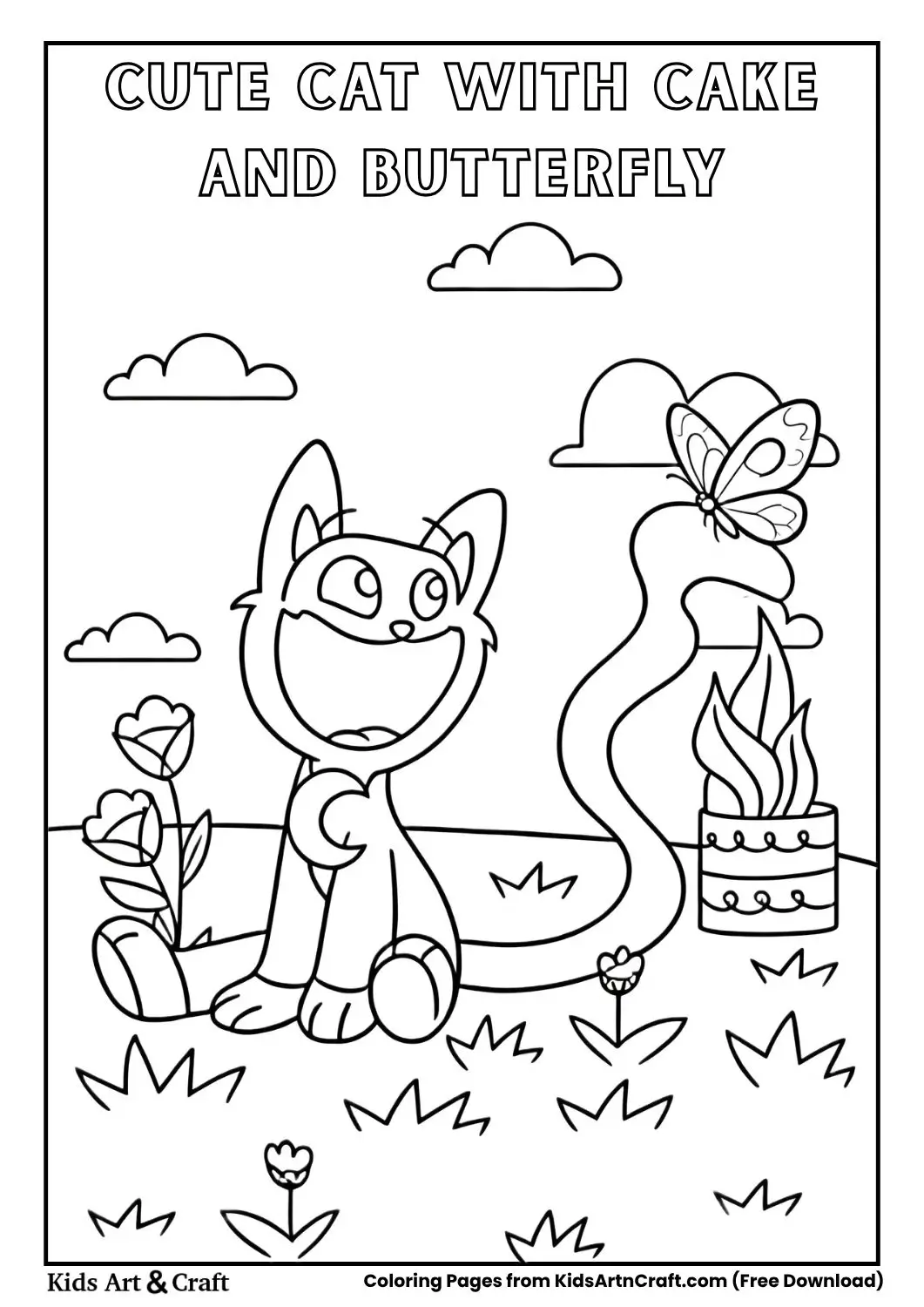 Cartoon cat with cake and butterfly in garden coloring page