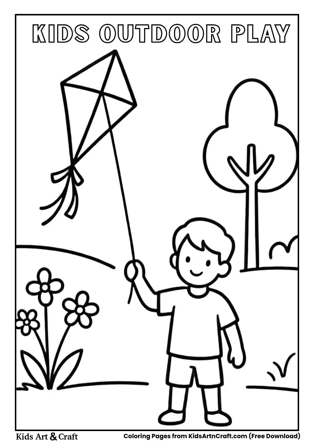 Child flying kite park coloring page