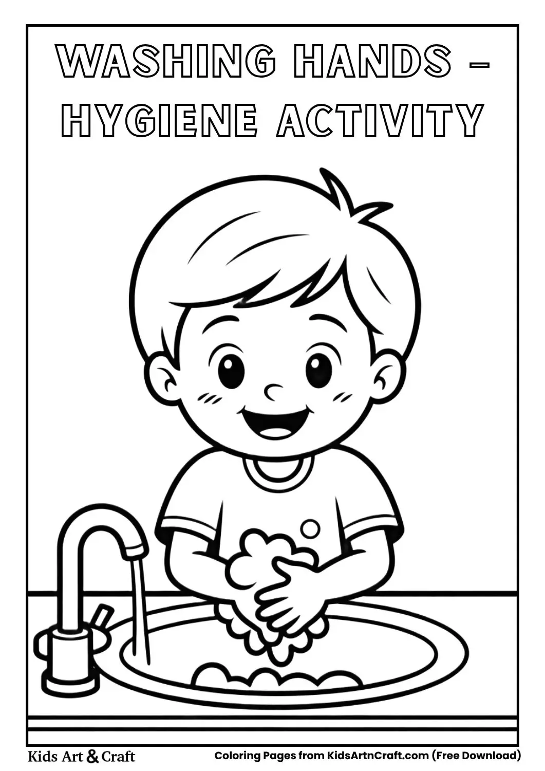 child washing hands with soap coloring page