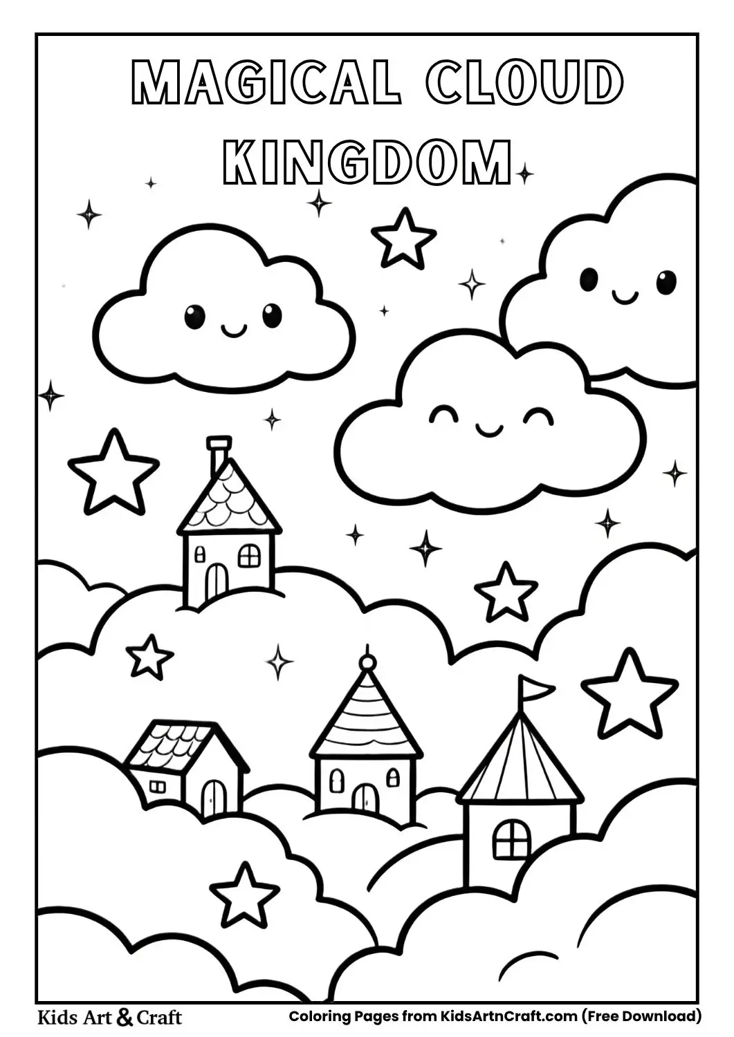 cute cloud kingdom with stars houses coloring page