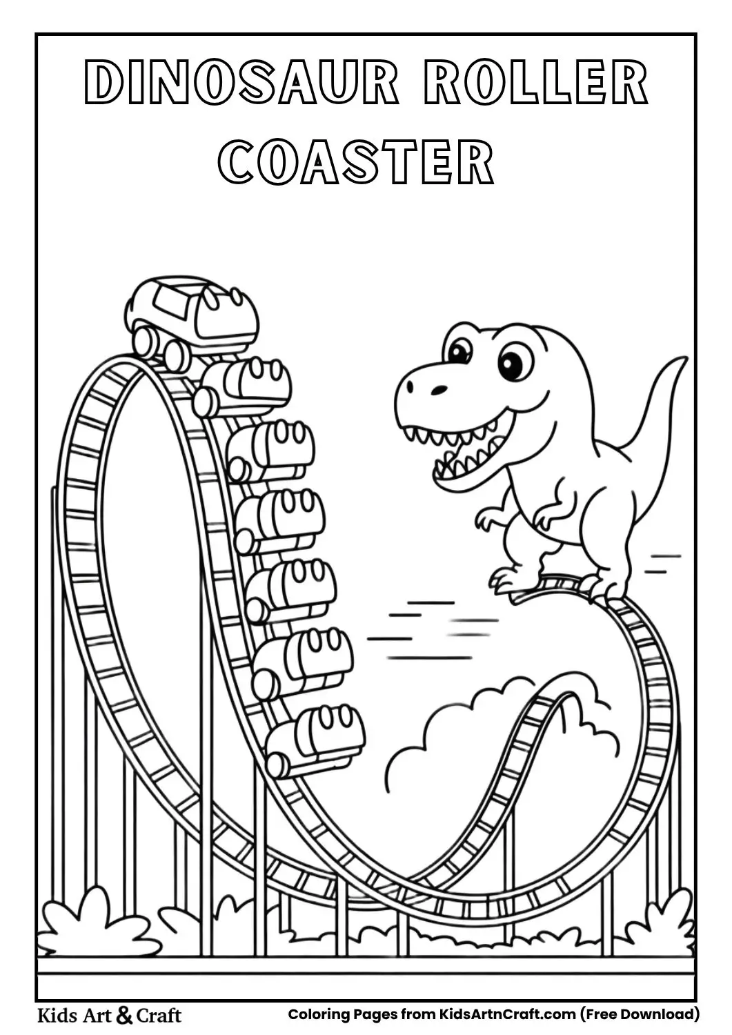 Roller coaster with friendly dinosaur nearby, black and white line art