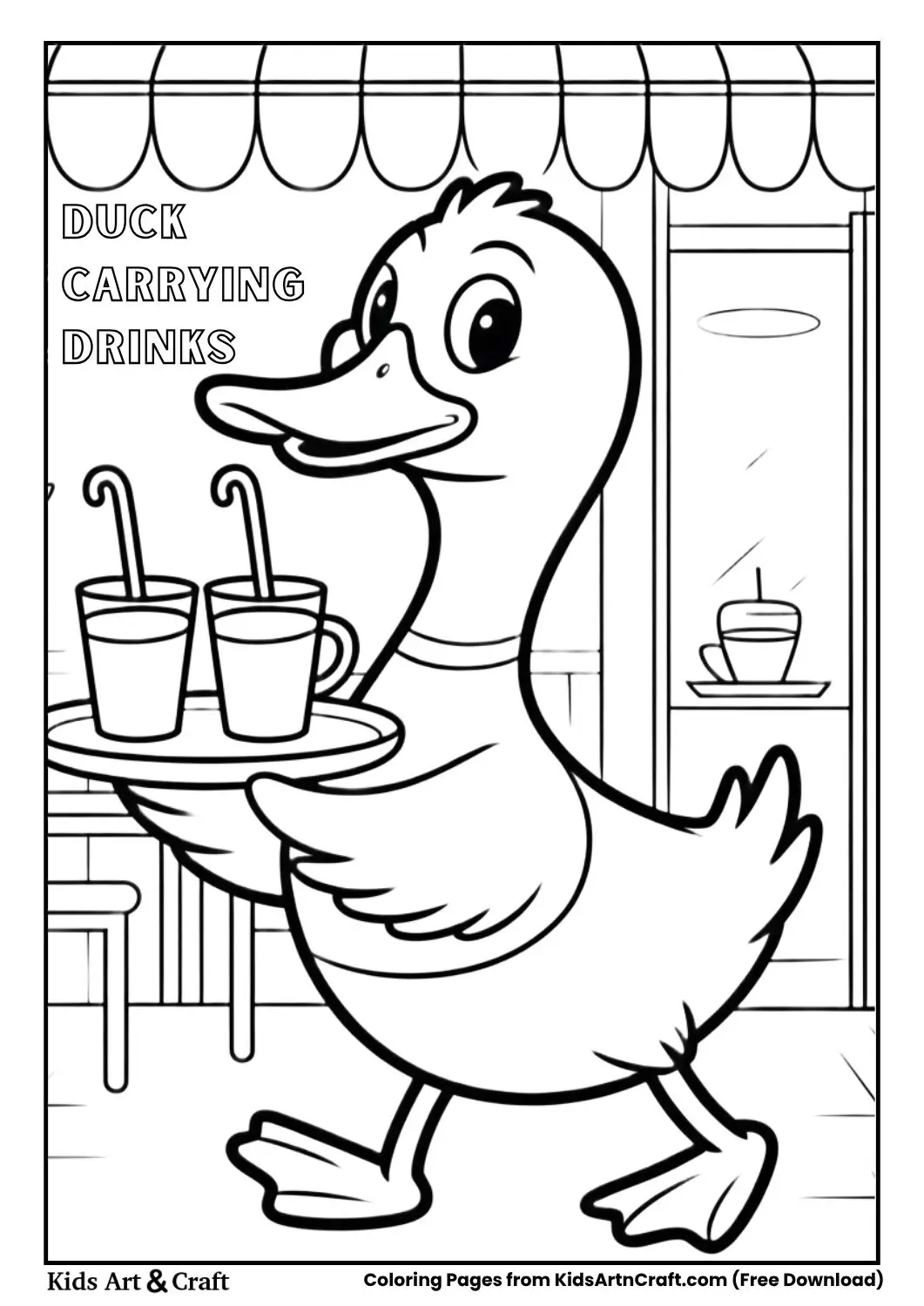 Duck carrying tray of drinks in café coloring page