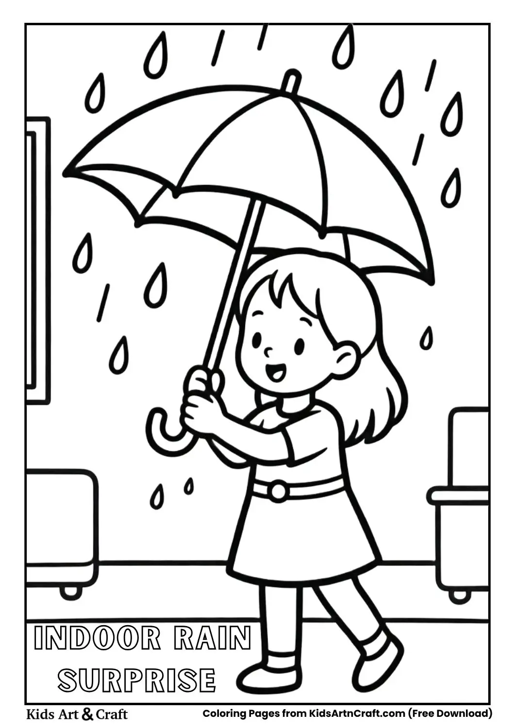 Girl opening umbrella indoors with rain falling under it coloring page