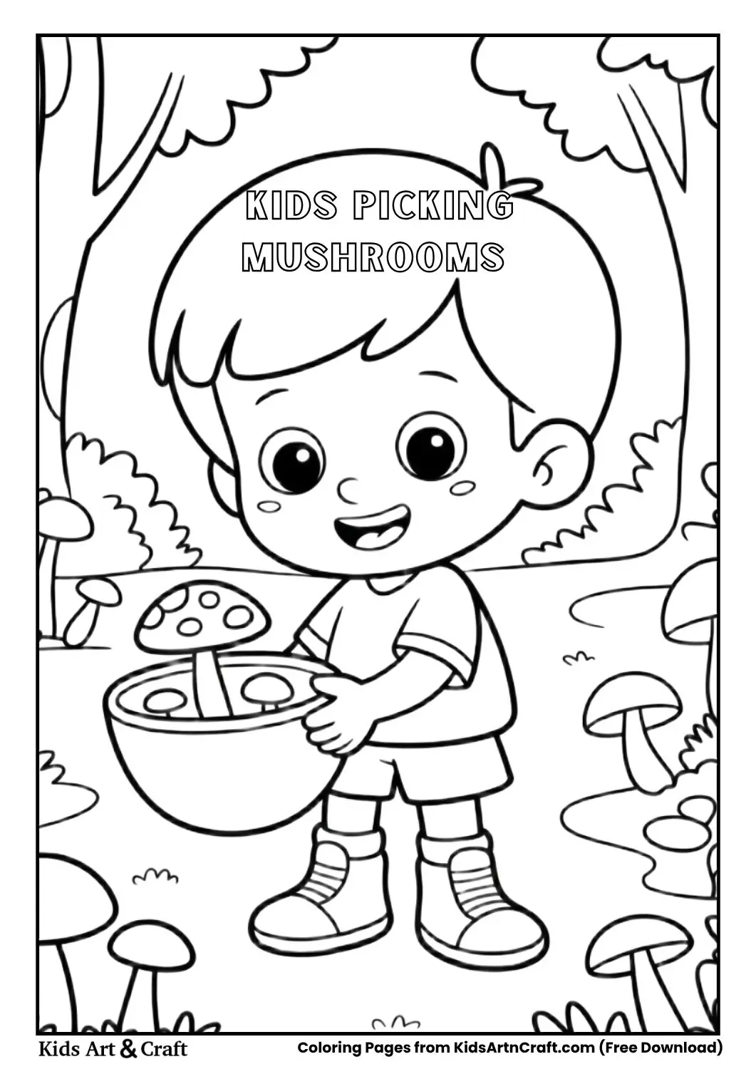 Kids picking colorful mushrooms in a forest, simple coloring page.