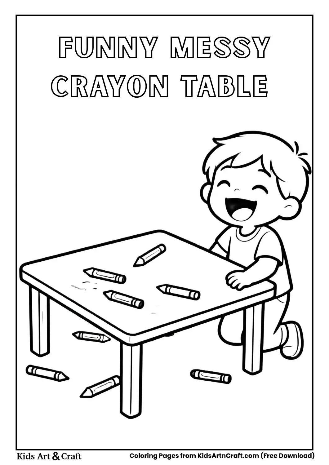Crayons rolling off the table with child laughing coloring page