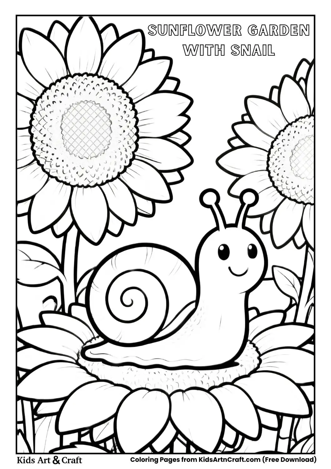 Sunflowers with smiling snail coloring page