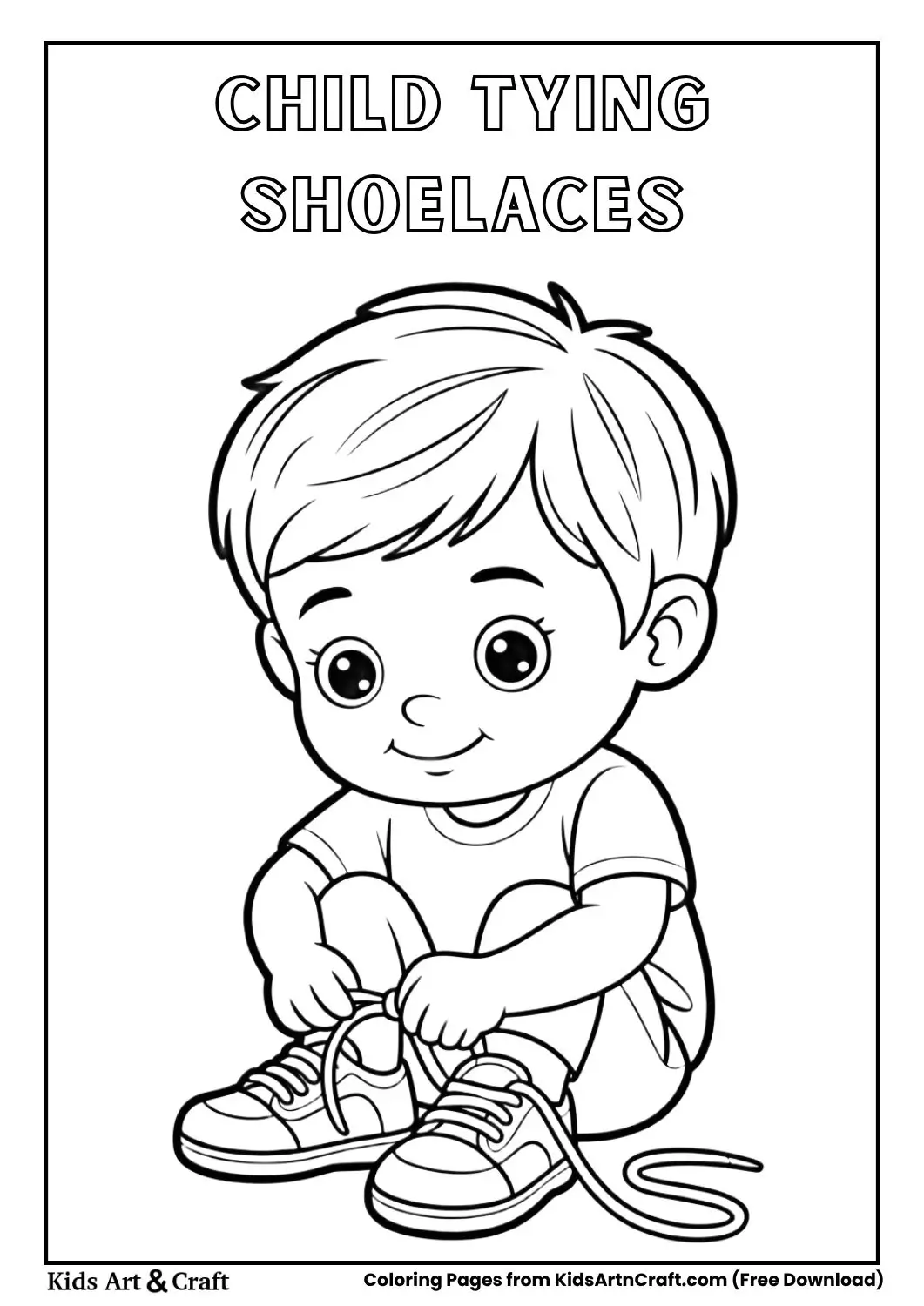 black and white coloring page of a child trying to tie shoelaces