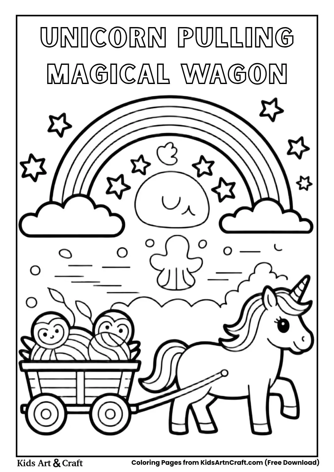 Unicorn pulling a magical wagon fantasy coloring page