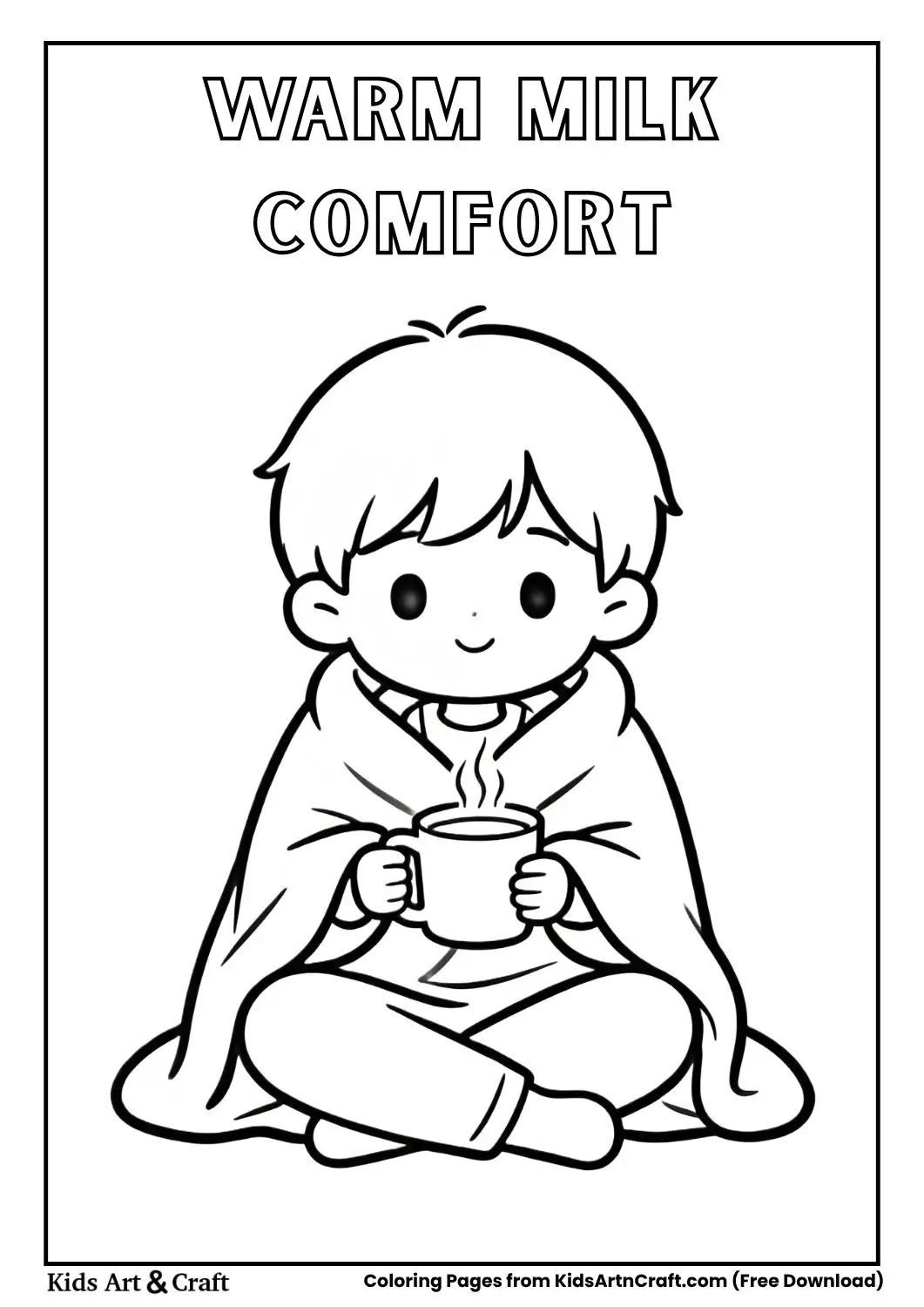Child wrapped in blanket drinking milk coloring page