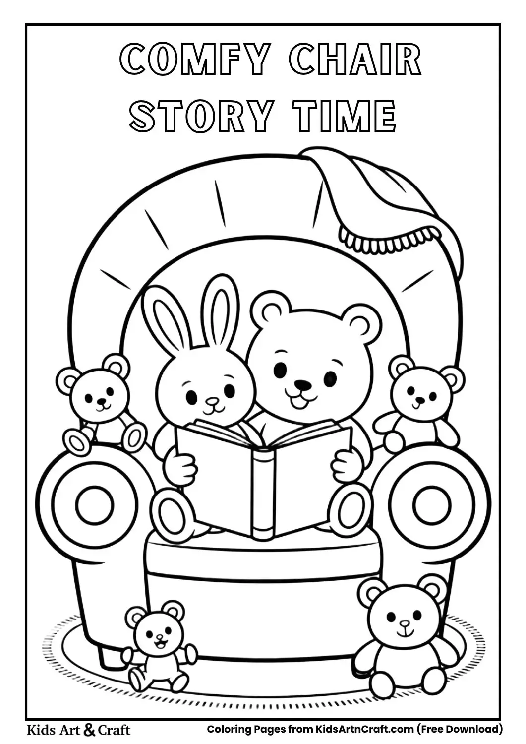 Bunny and Bear reading under blanket on chair coloring page