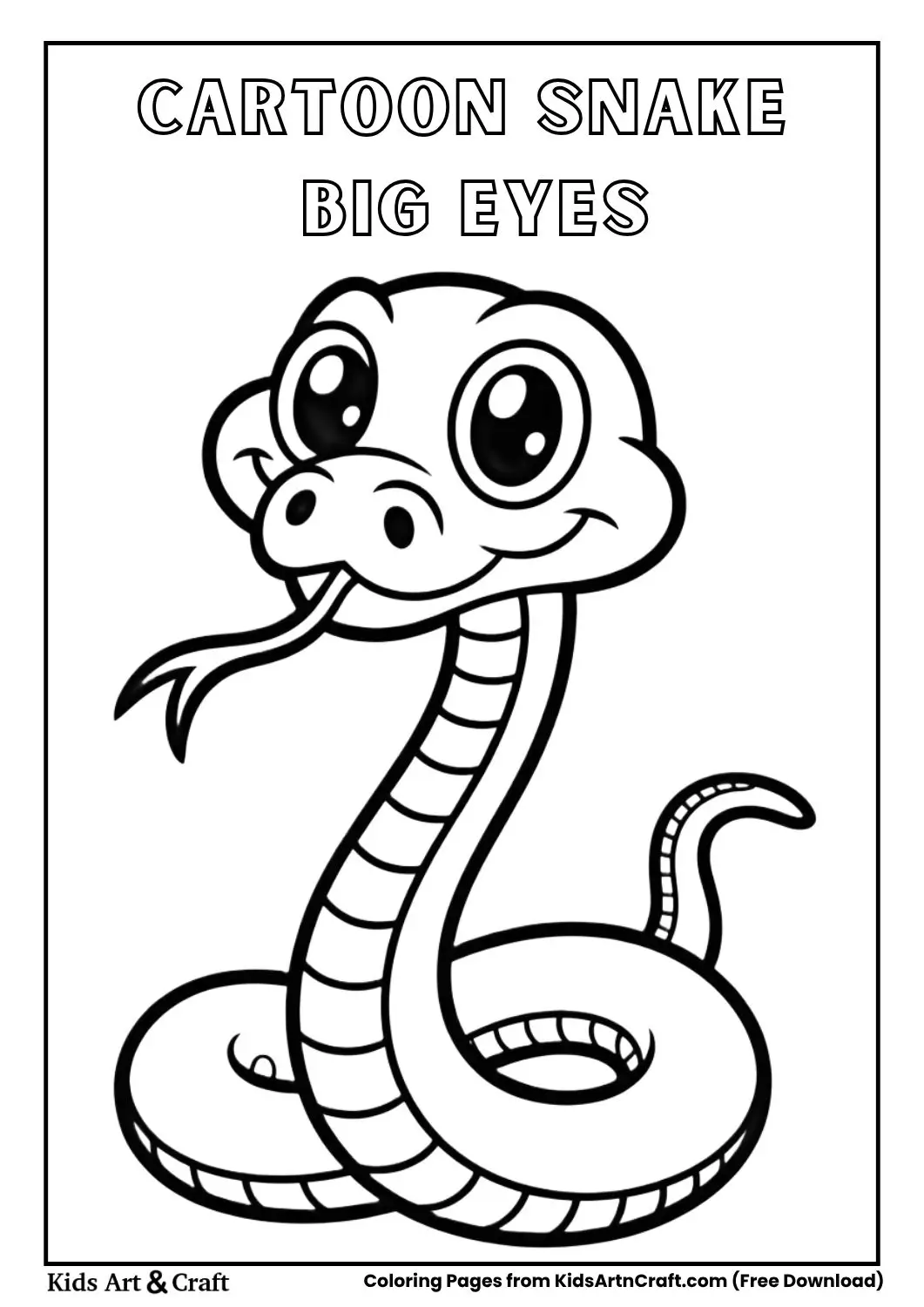 Cartoon snake with big eyes black and white kids coloring page