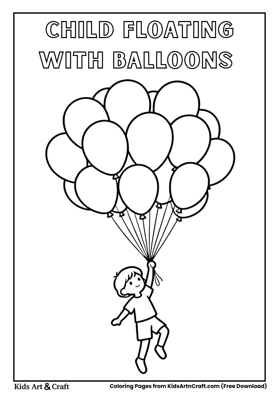 Child floating in the air holding a cluster of balloons, black and white line art