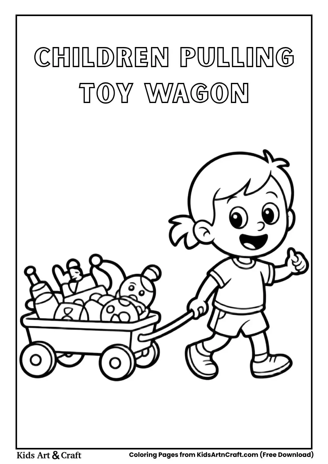 Children pulling a wagon full of toys kids’ coloring page