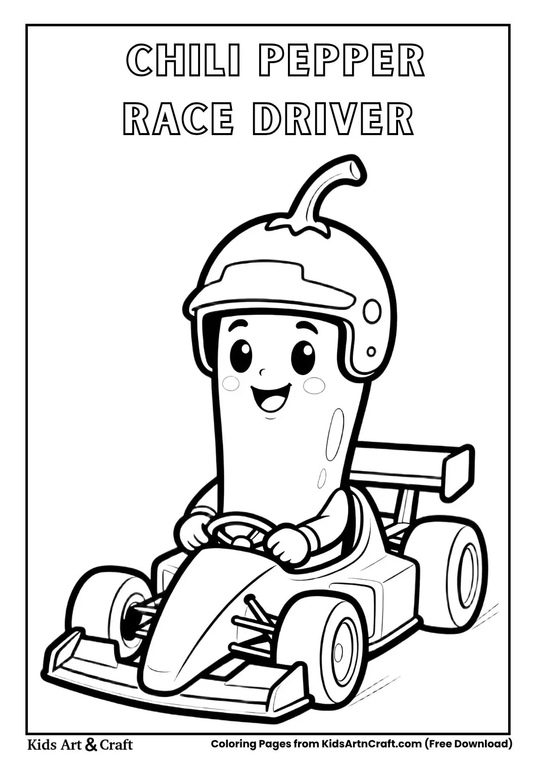 chili pepper race car driver coloring page