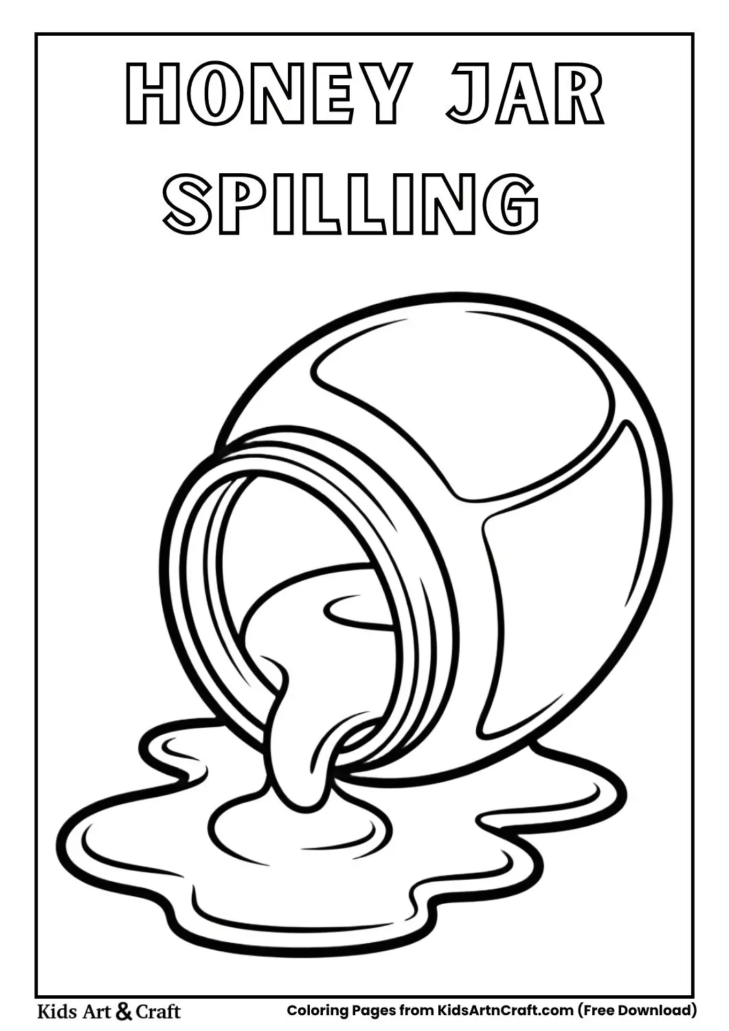 Jar of honey tipping and honey spilling in a simple puddle coloring page