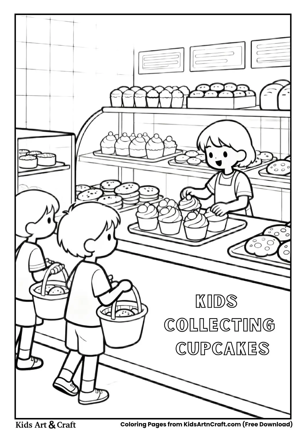 Kids collecting cupcakes and cookies from a bakery, black-and-white coloring page.