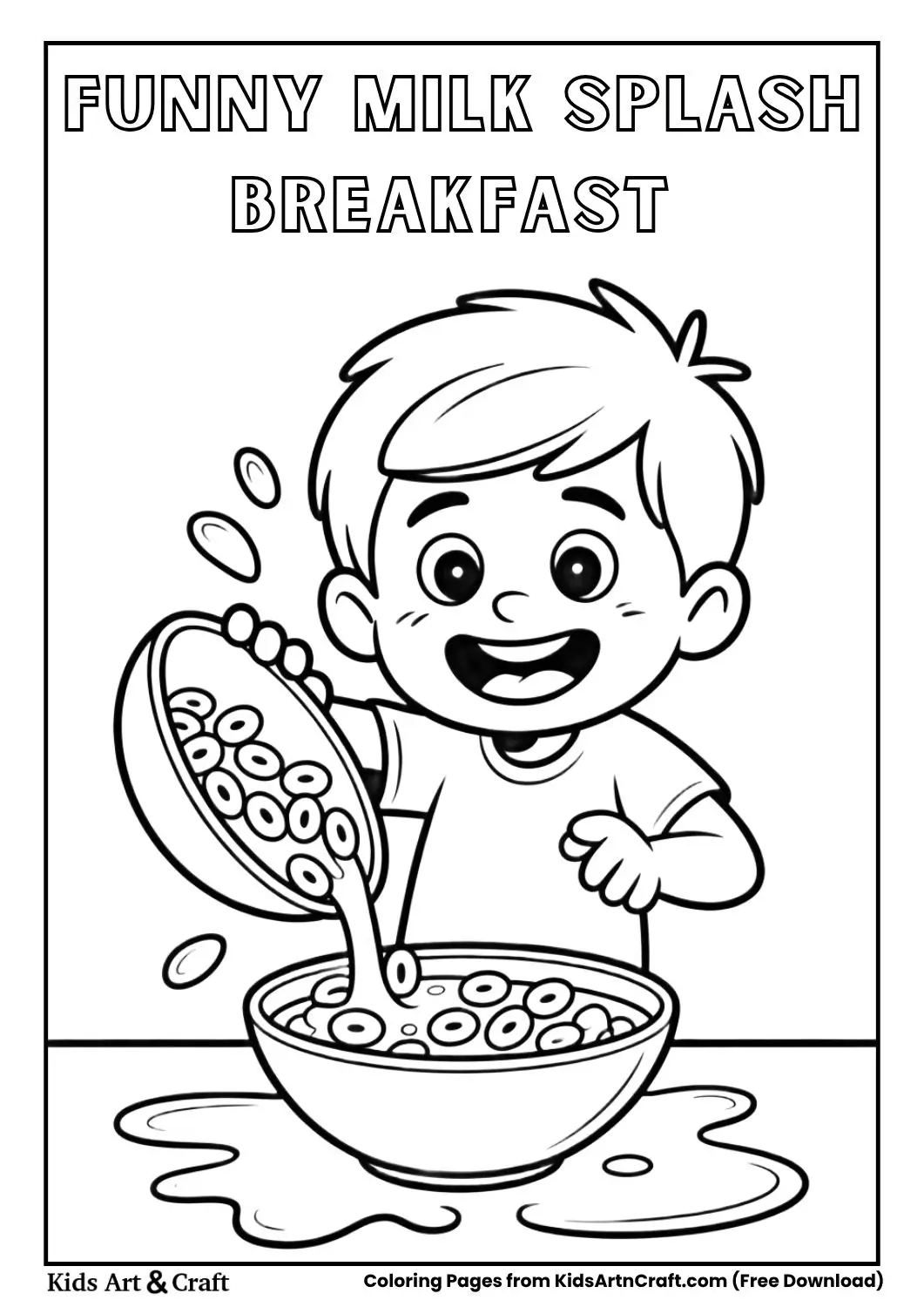 Child splashing milk from cereal bowl coloring page for children