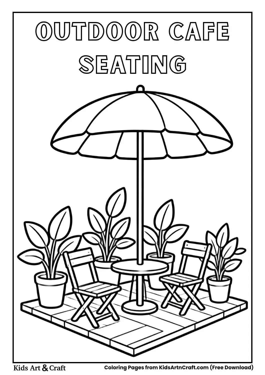 outdoor cafe seating with umbrella and chairs coloring page