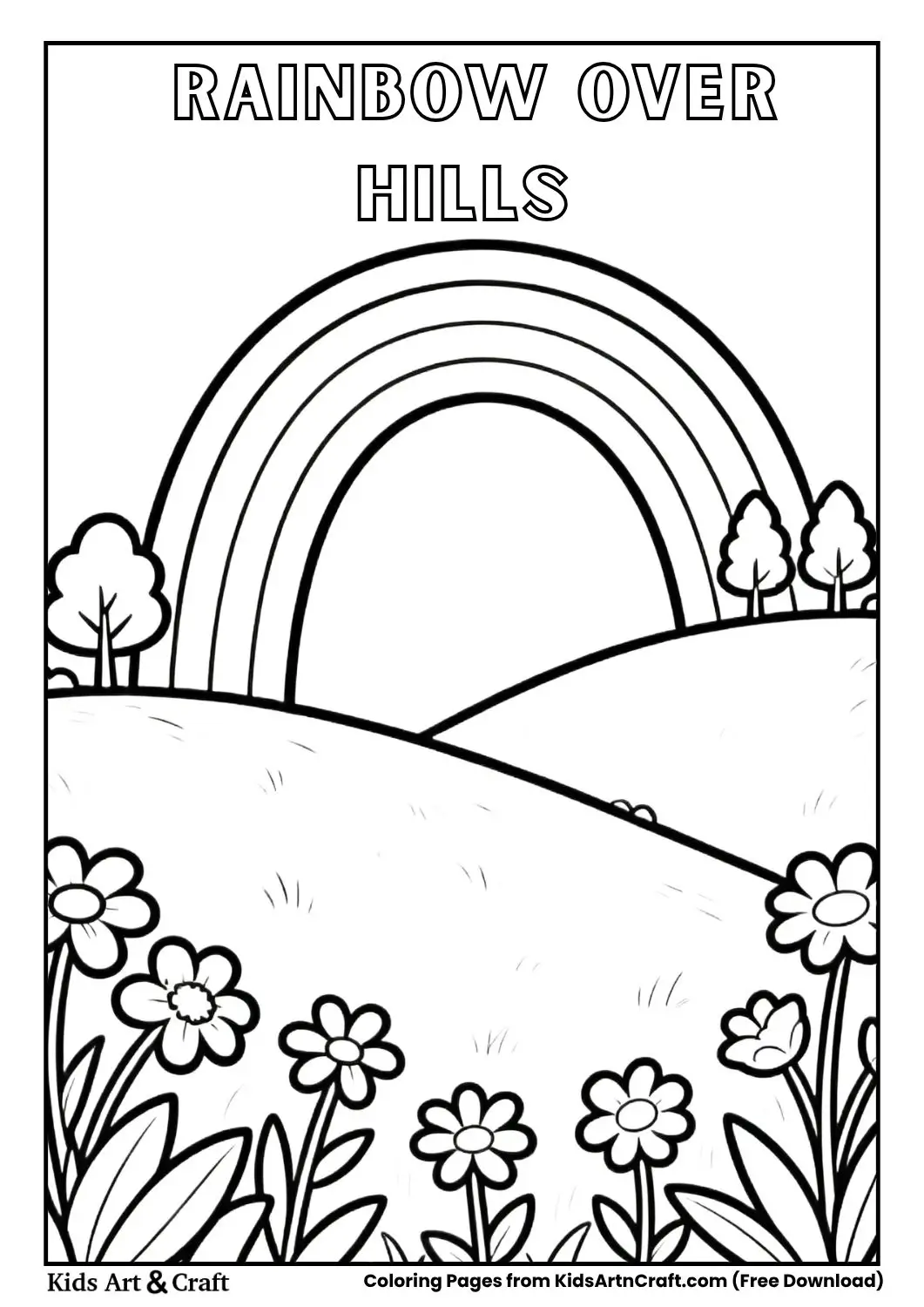Rainbow over hills and trees coloring page