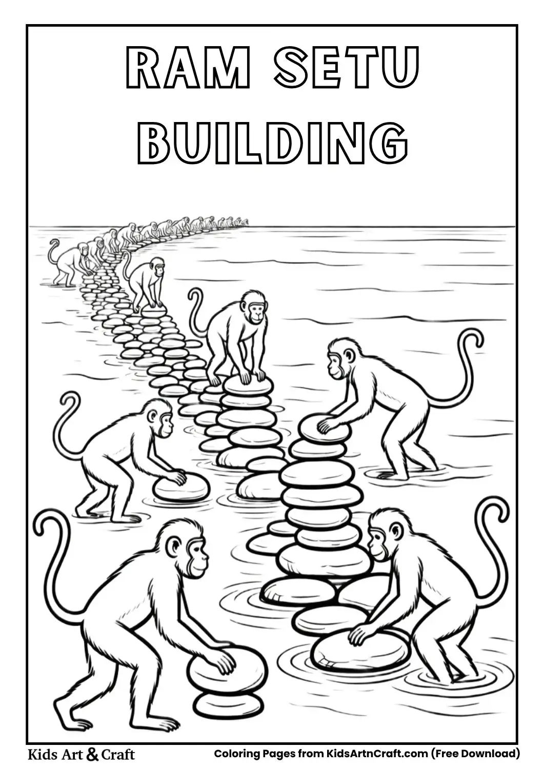 Ram Setu bridge building monkeys coloring page for kids