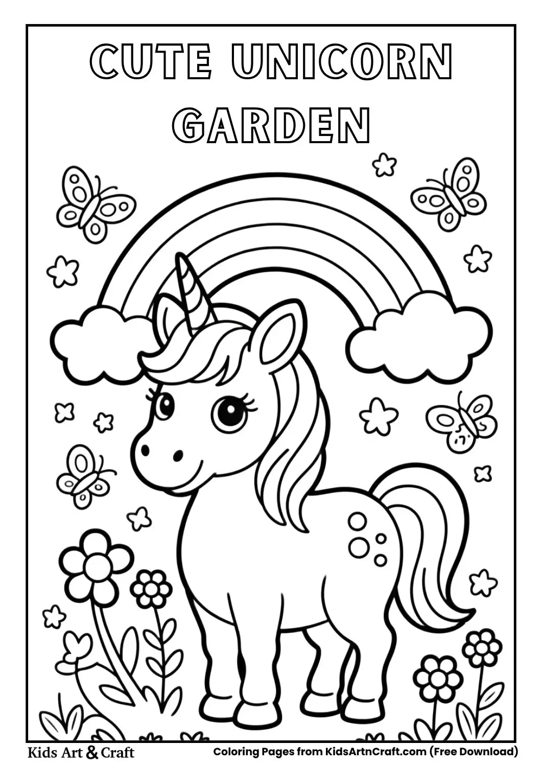 unicorn in flower garden coloring page for kids