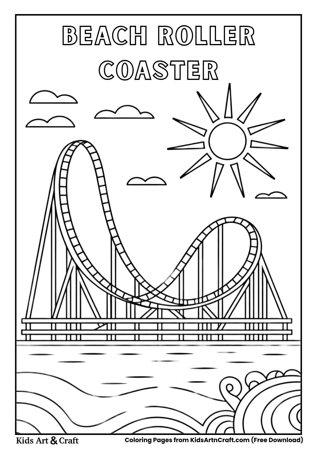 Roller coaster near ocean with sun and waves, black and white