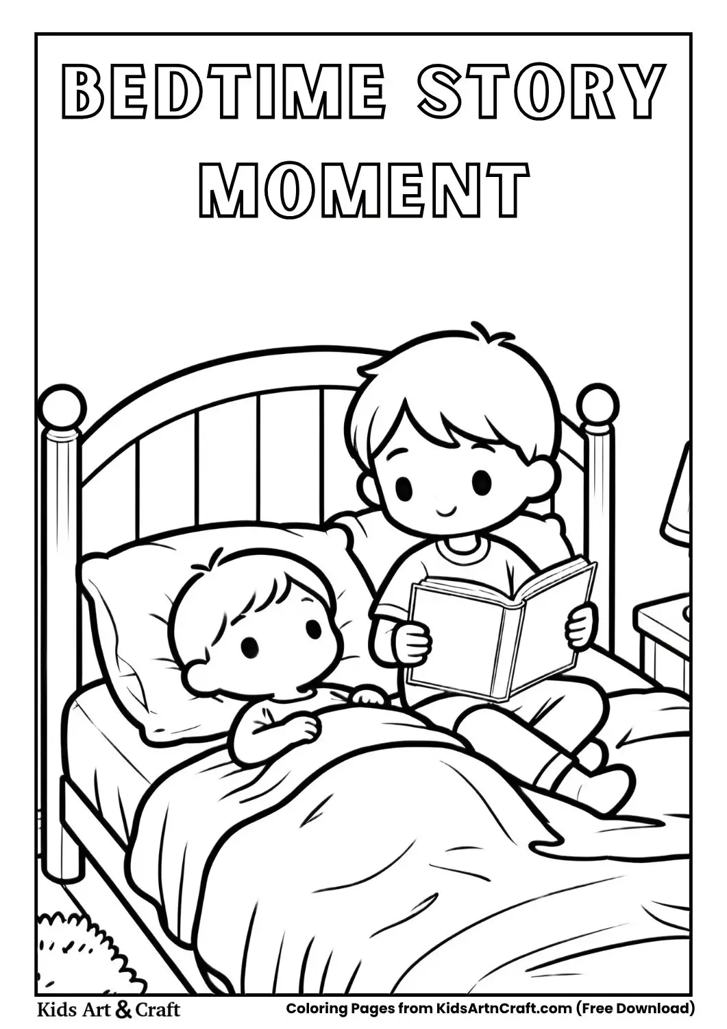 sibling reading bedtime story coloring page