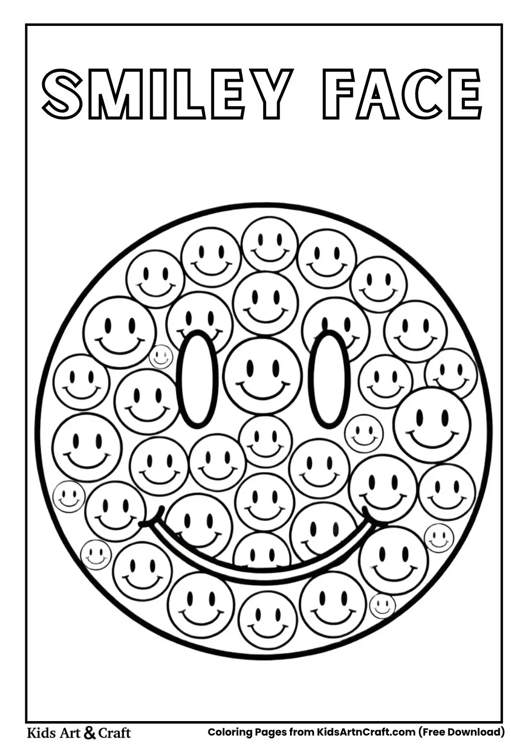 Large smiley face formed by many small smileys, thin black outline coloring page.