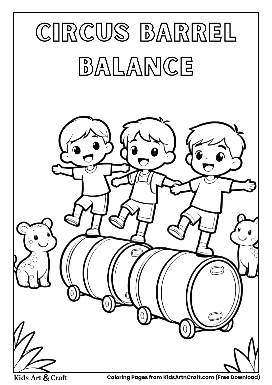 Kids balancing on rolling barrels in a circus with animals