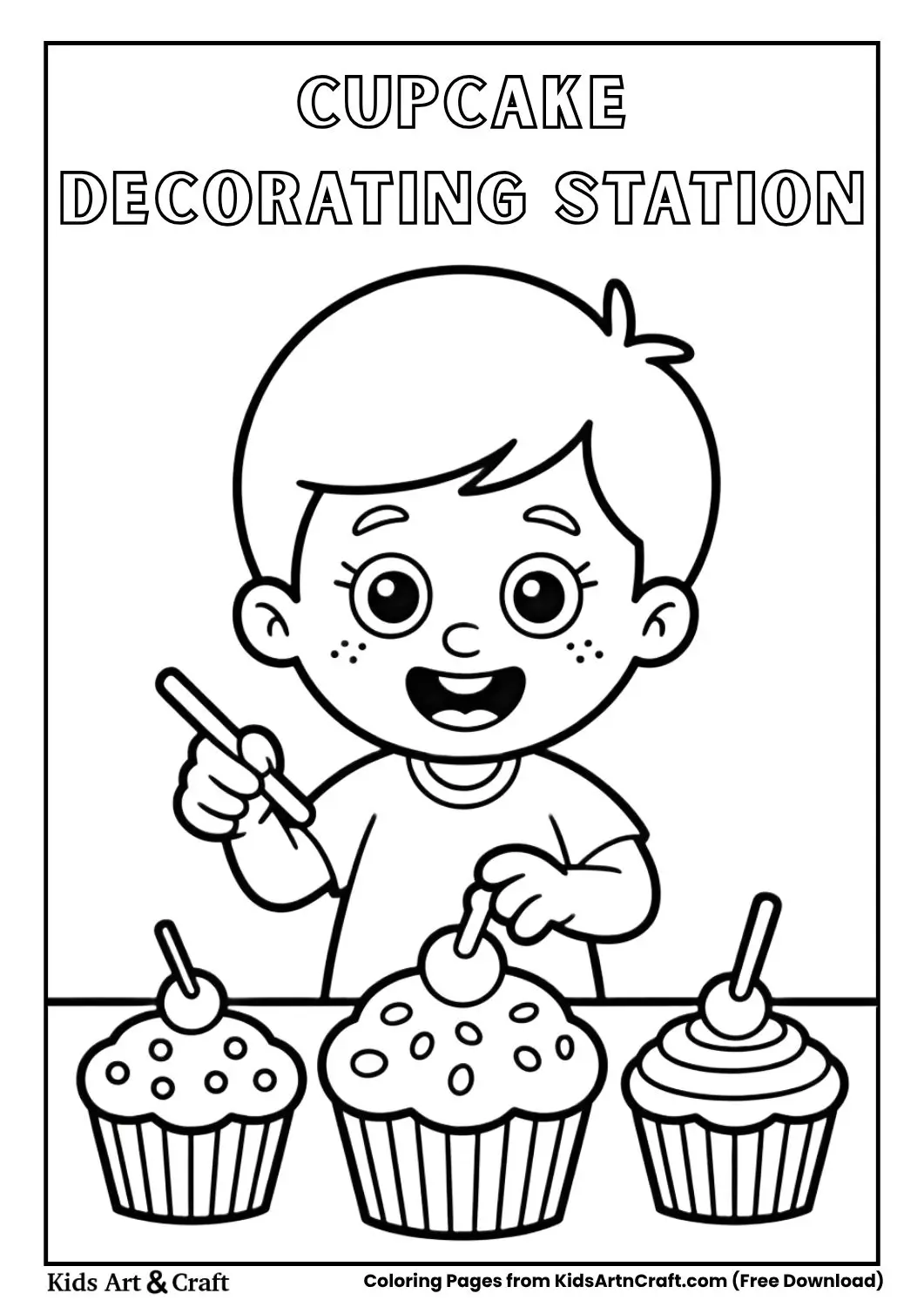 kids decorating cupcakes station coloring page