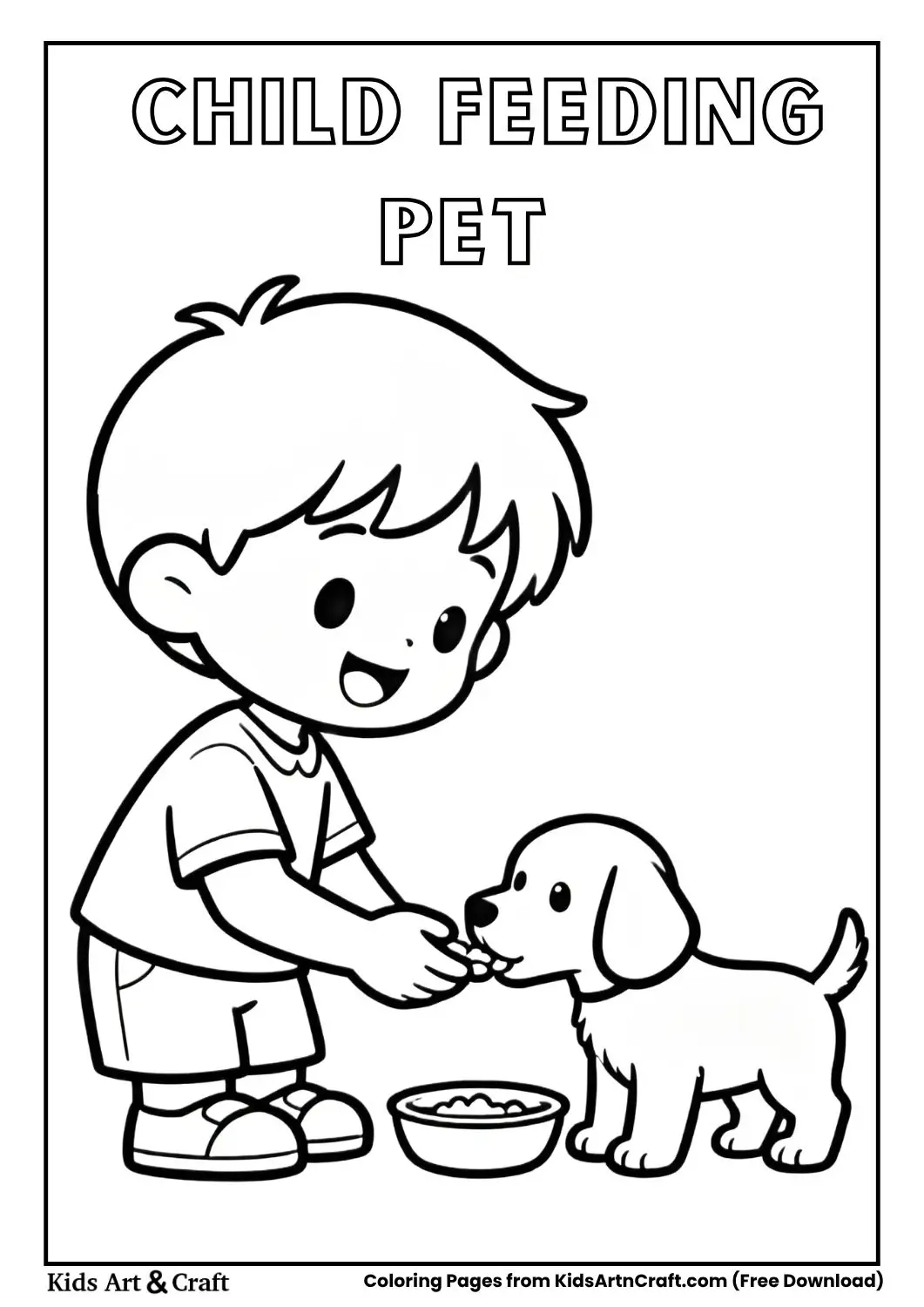 black and white coloring page of a child feeding a puppy in a bowl
