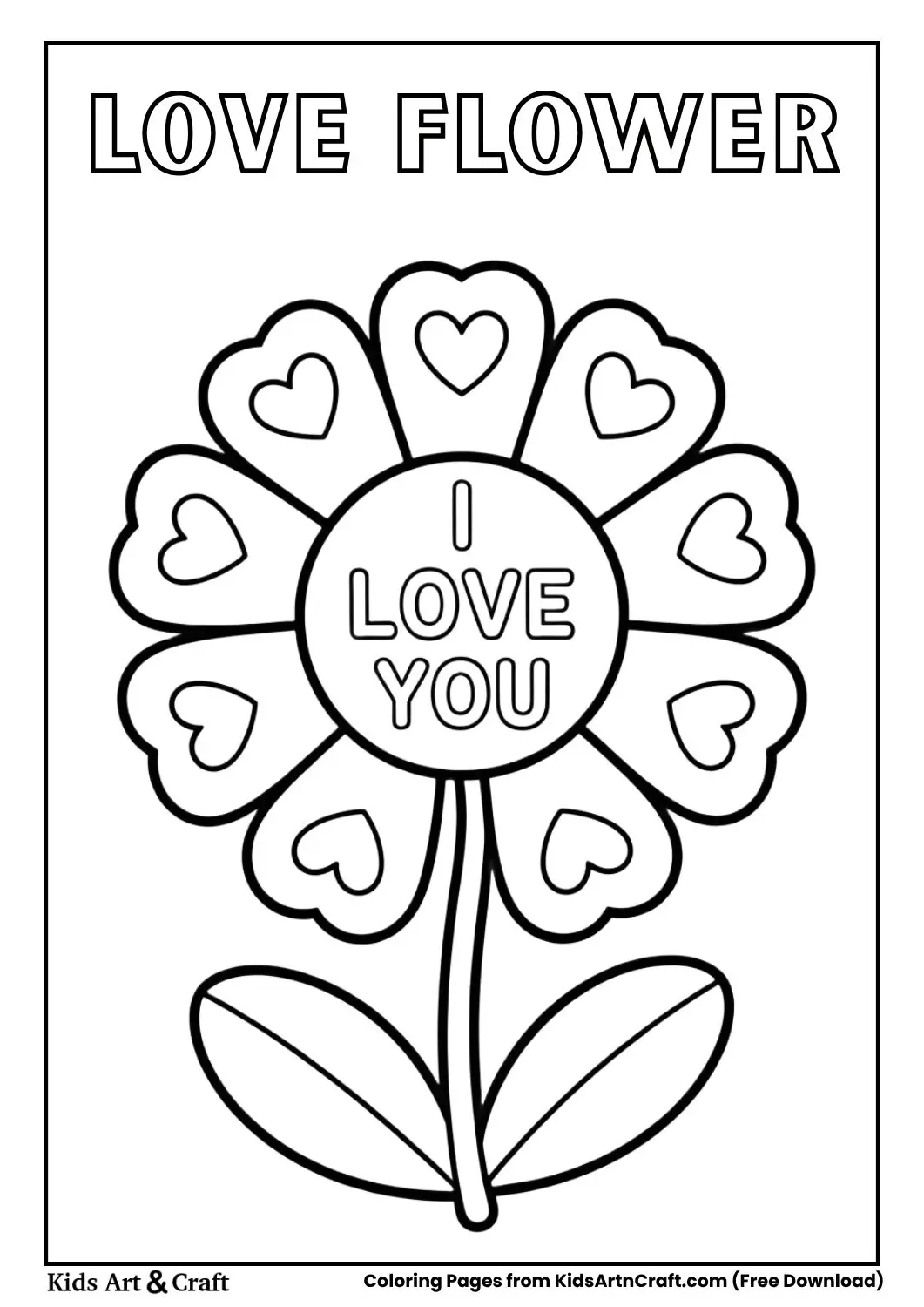 Flower with heart petals and I Love You coloring page