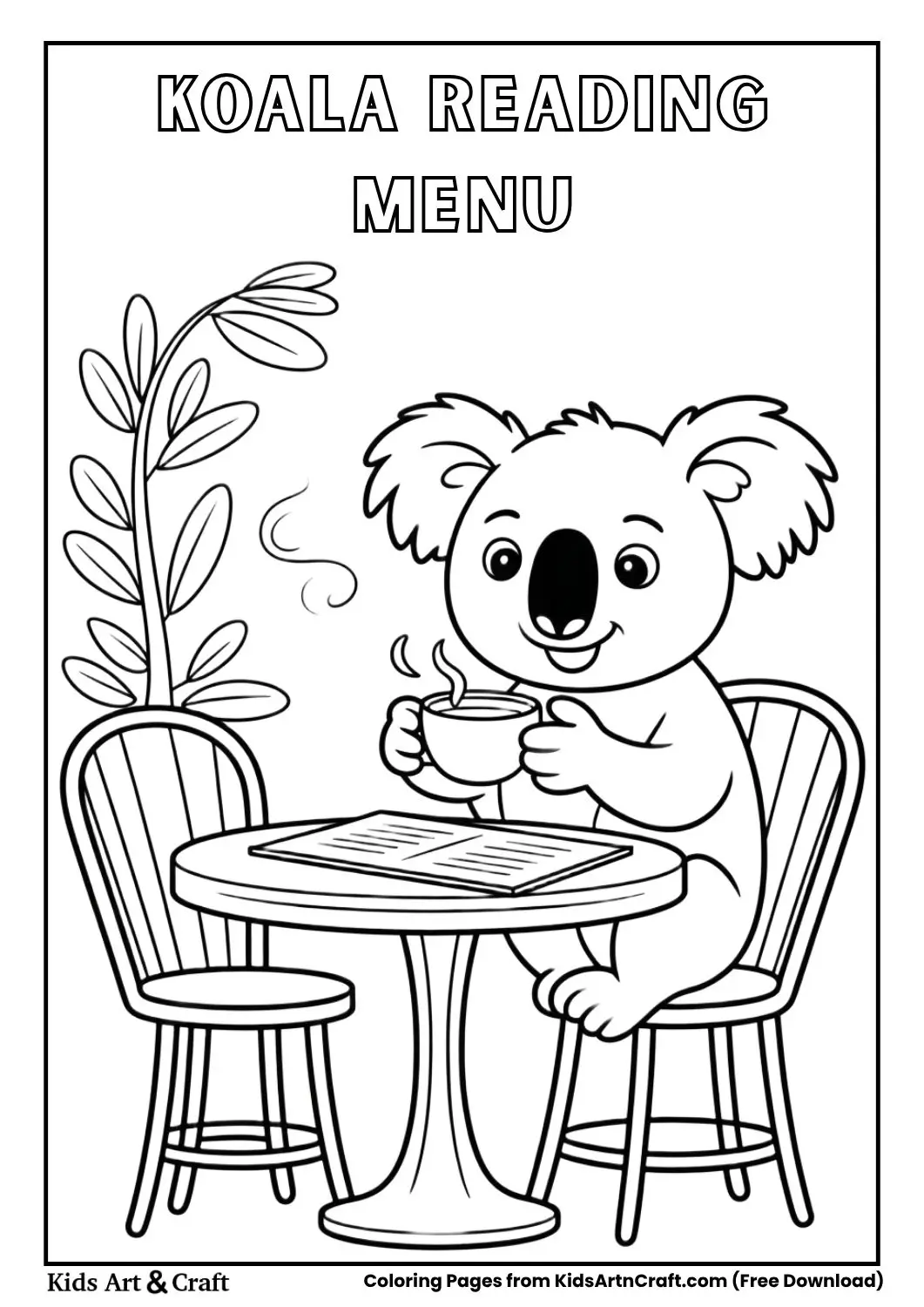 Koala reading menu at café table coloring page