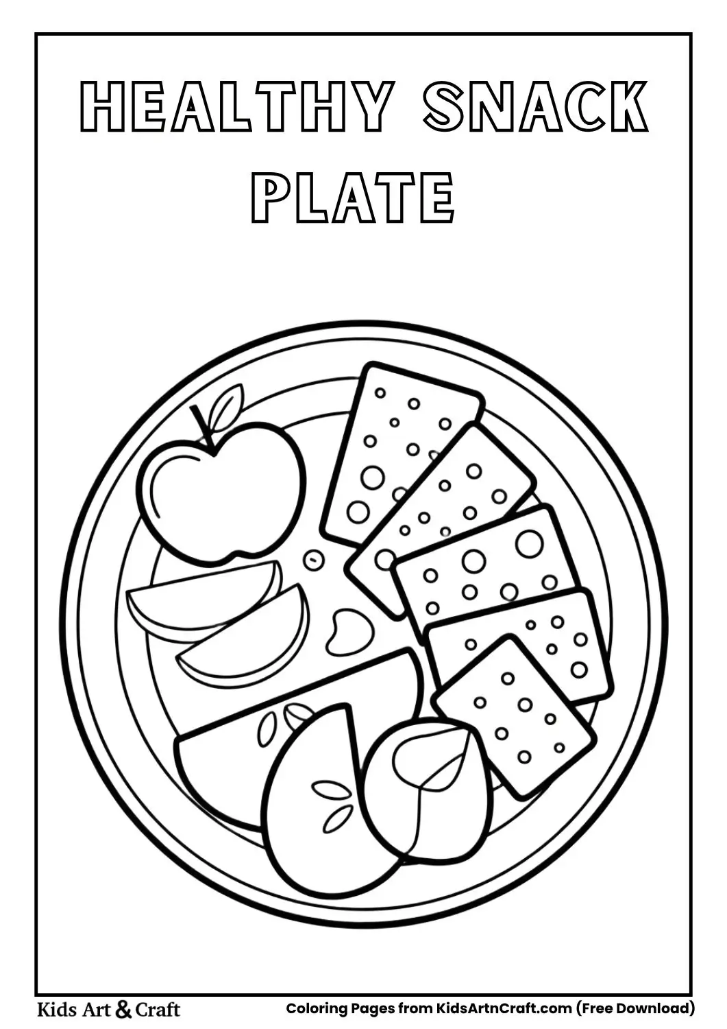 Black and white coloring page of a snack plate with apple slices, cheese cubes, and crackers