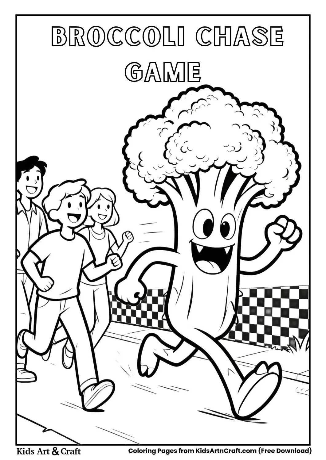 Broccoli chasing laughing humans coloring page