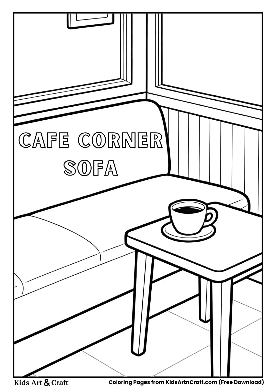 cozy cafe corner with sofa and table coloring page