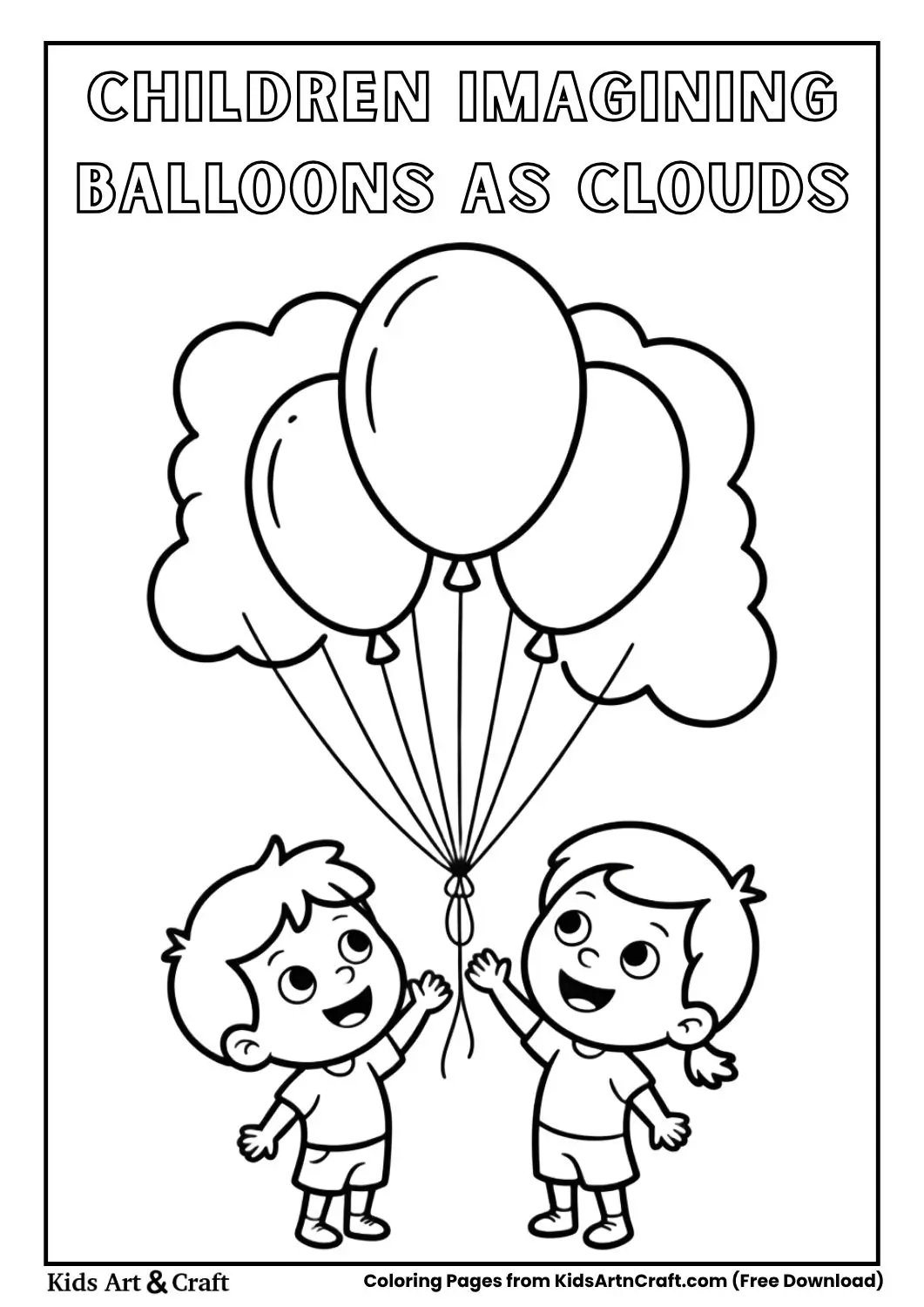 Kids imagining balloons floating as clouds, black and white line art