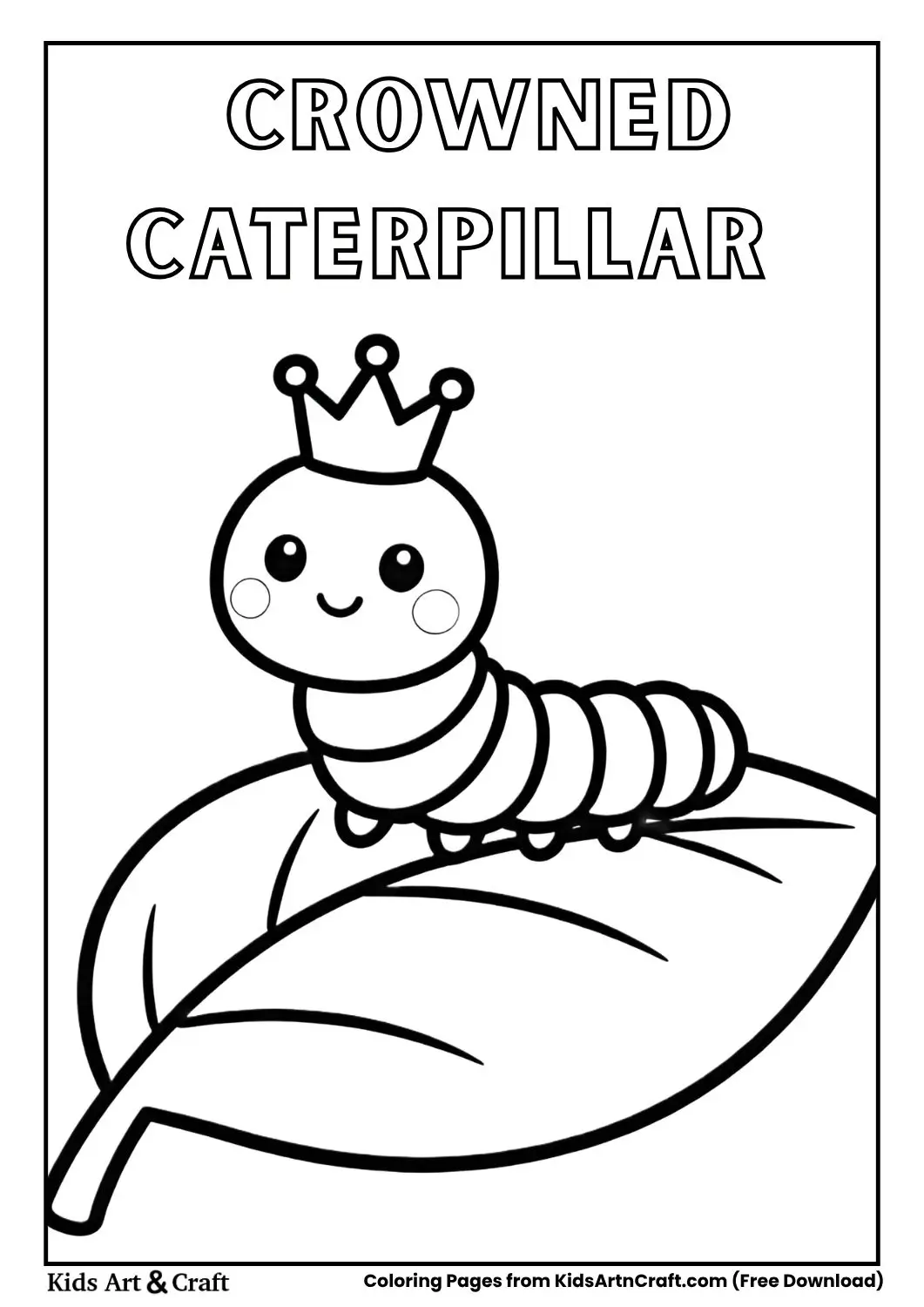 Caterpillar wearing a crown, sitting on a leaf, black and white coloring page