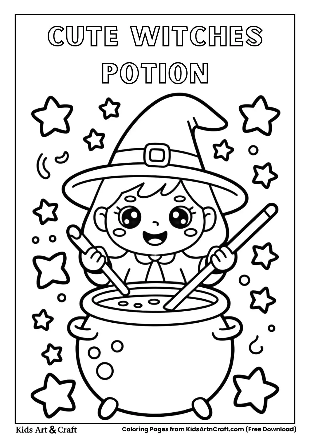 kawaii witches making potions coloring page