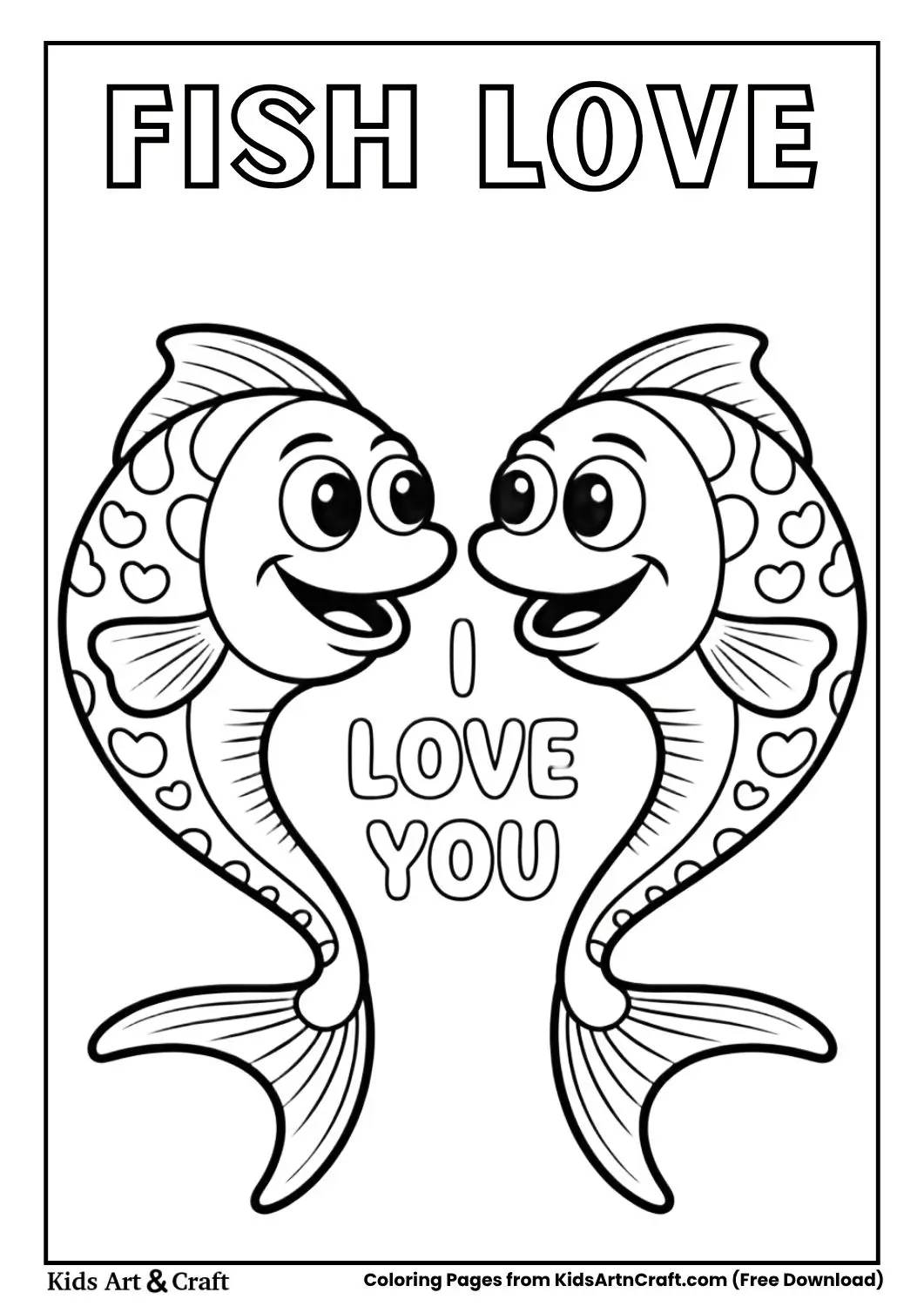 Two fish forming heart with I Love You coloring page