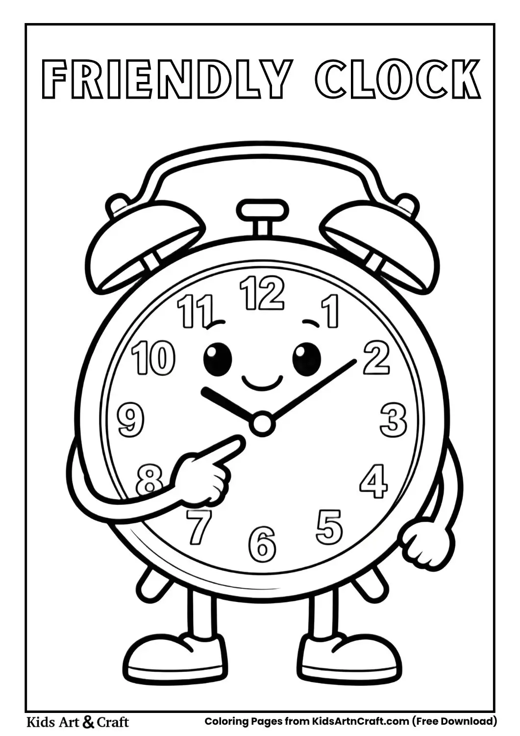 Friendly clock teaching time cartoon coloring page