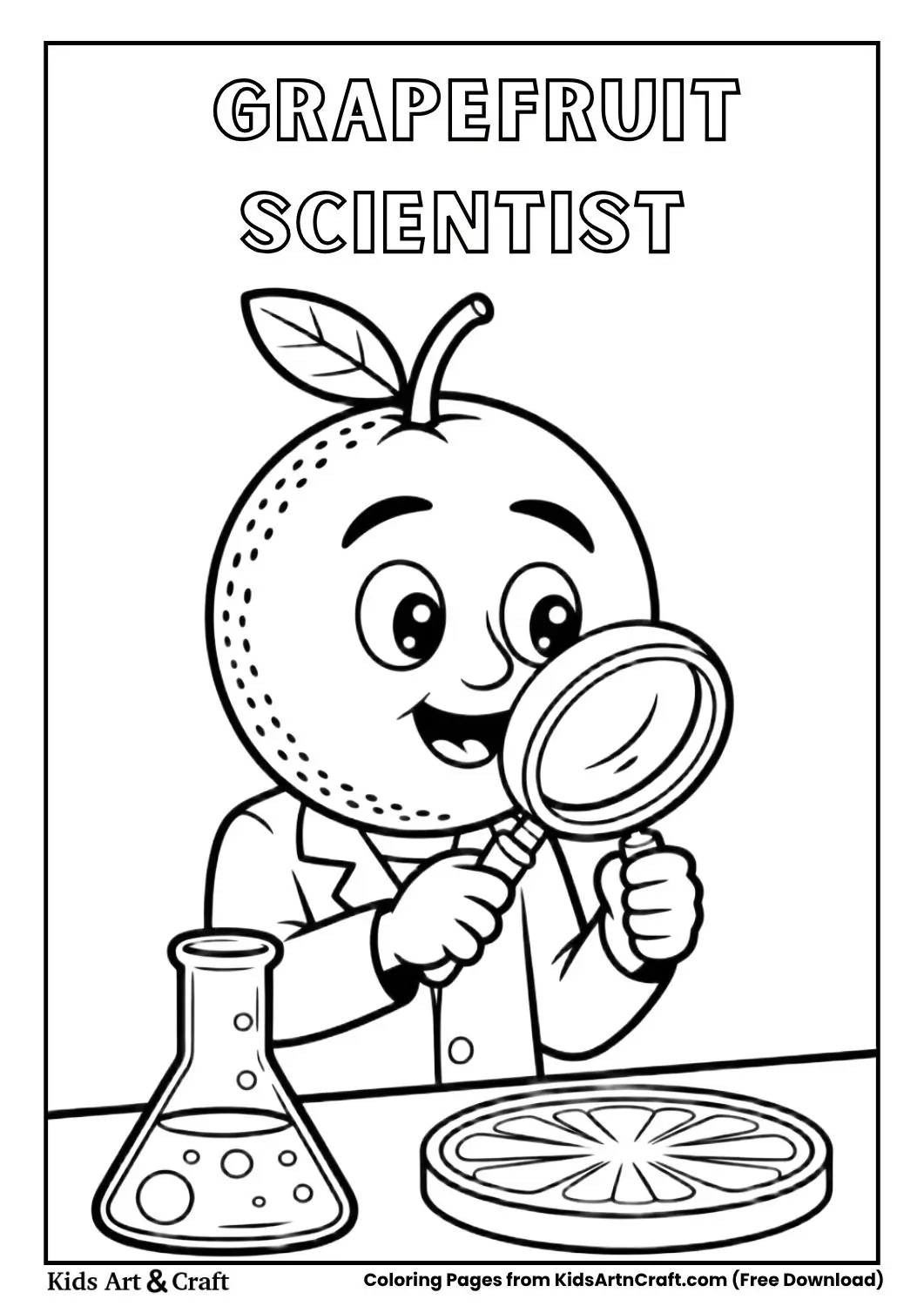 Grapefruit with lab coat magnifying glass coloring page 