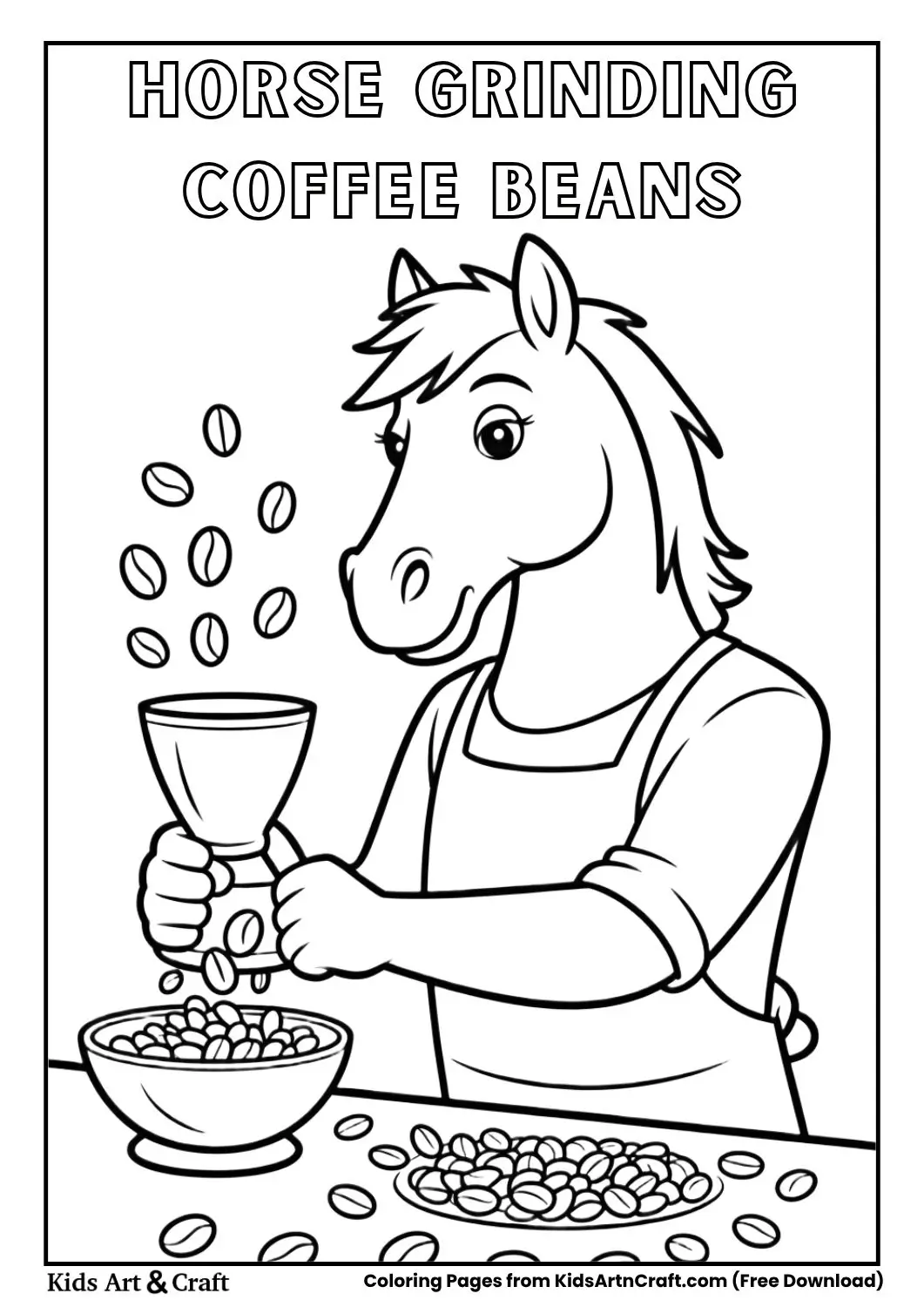 Horse barista grinding coffee beans coloring page