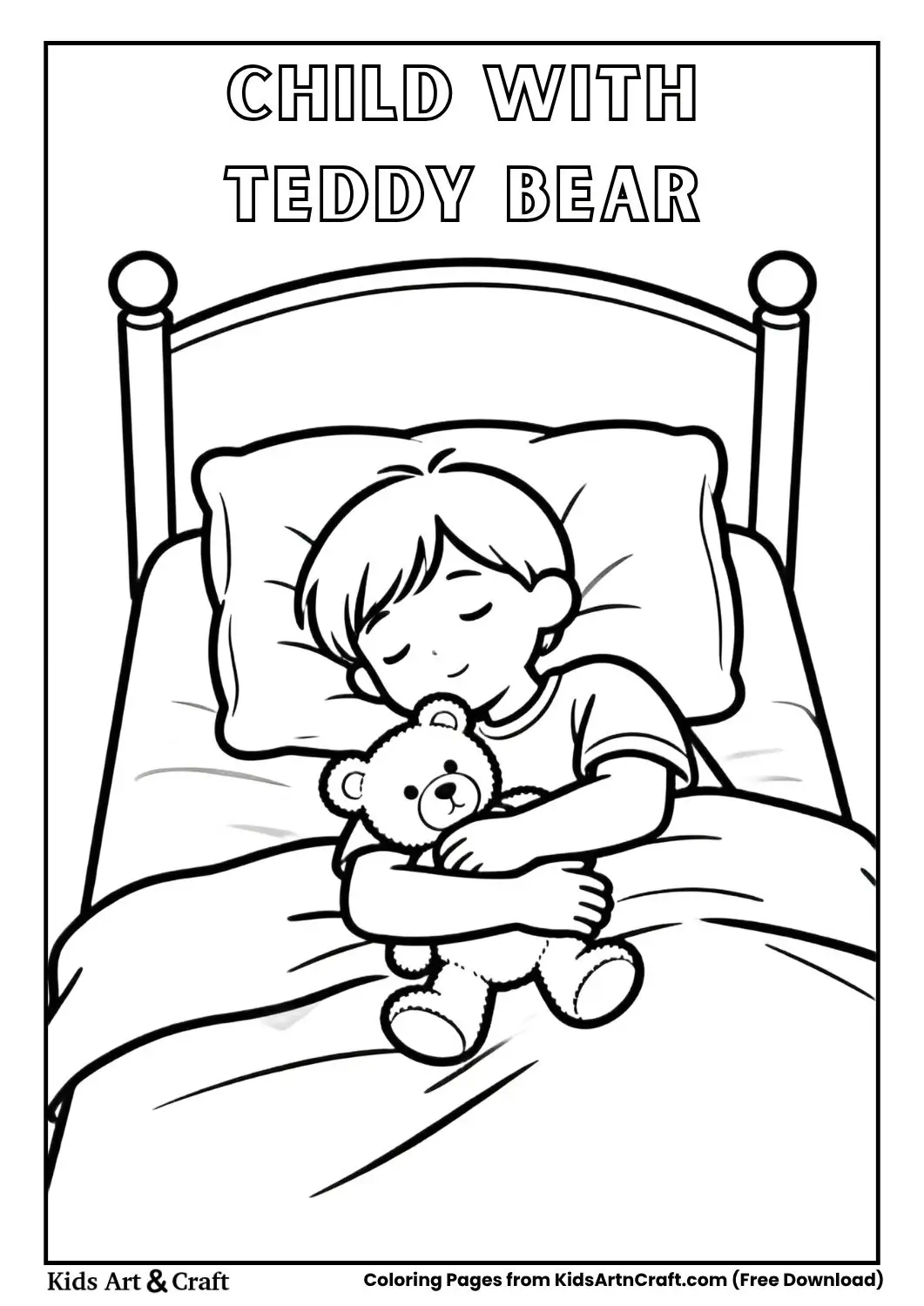child hugging teddy bear in bed coloring page