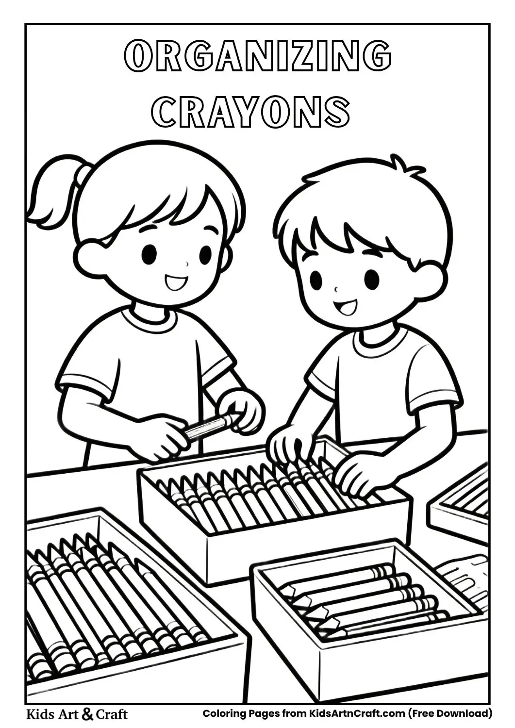 Children organizing crayons by type or size, line art coloring page