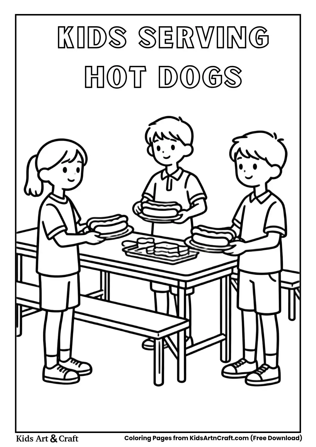 Kids serving hot dogs picnic coloring page