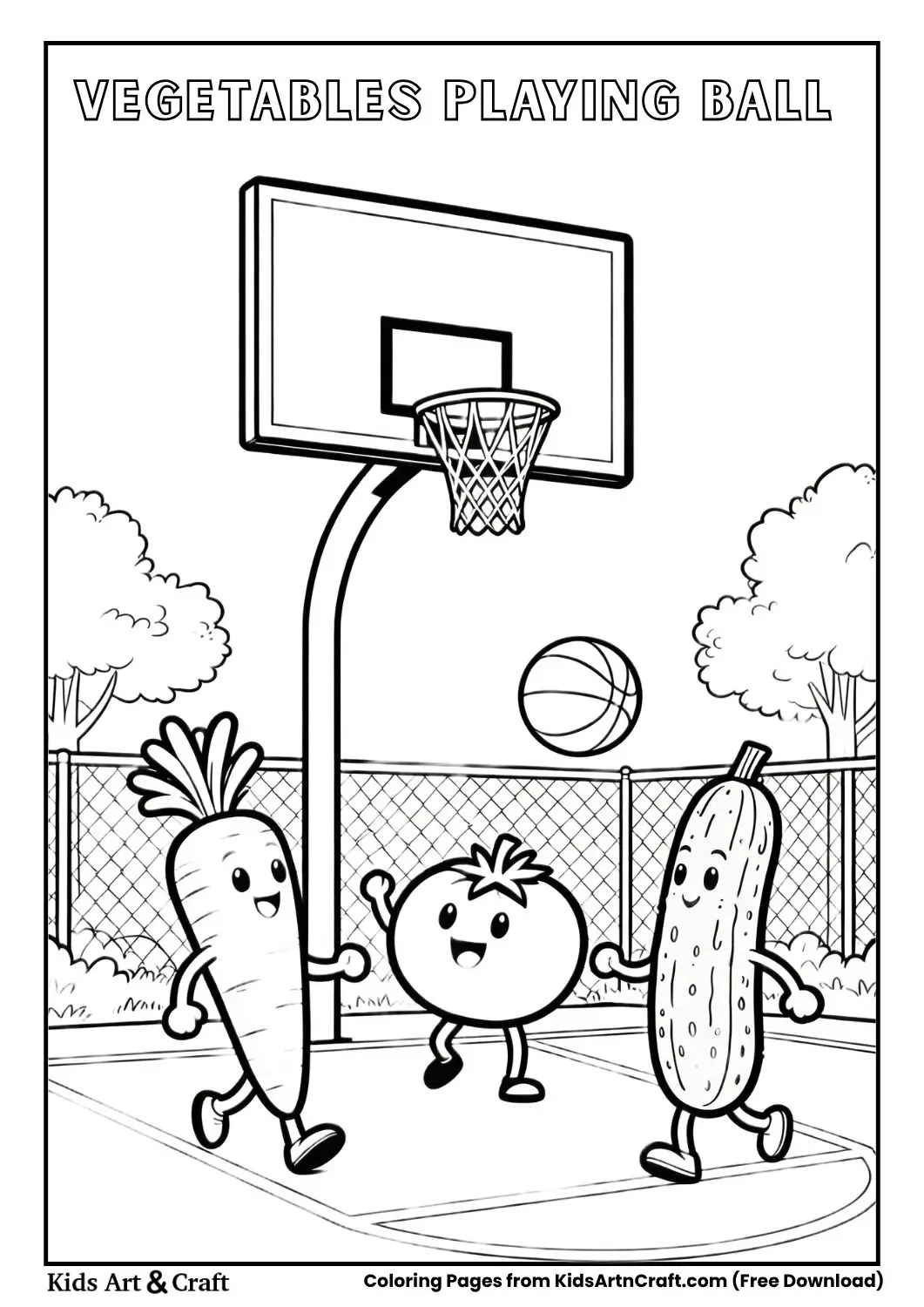 vegetables playing ball recess coloring page