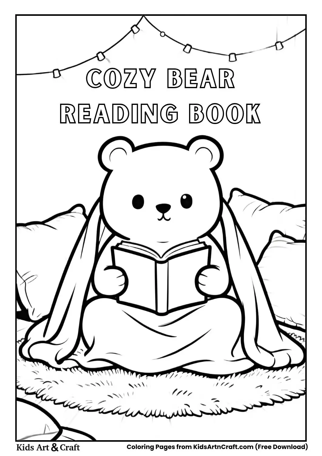 cute bear reading book under blanket with fairy lights coloring page
