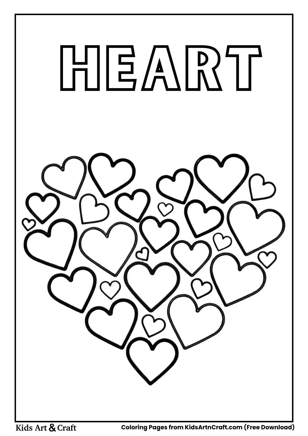 Large heart made of tiny hearts, black and white outline coloring page.